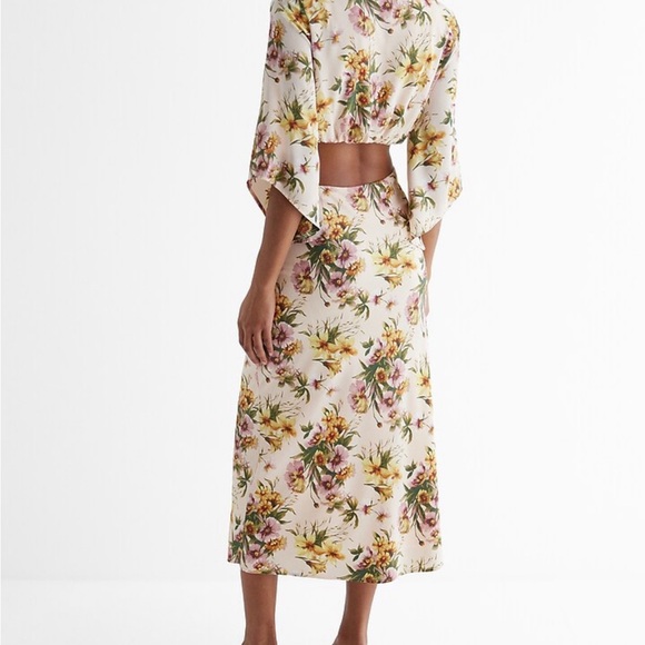 Express Satin Floral V-Neck Tie Front Cutout Midi Dress - Picture 3 of 9